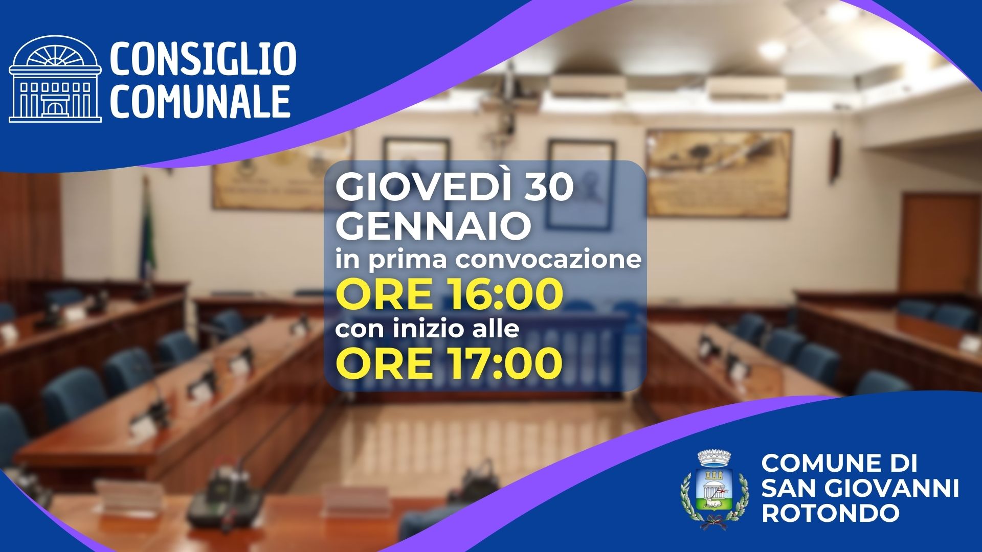 Consiglio Comunale convocato per giovedì 30 gennaio 2025