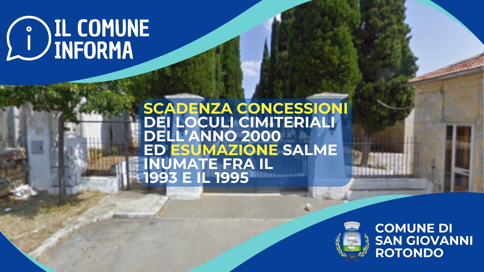 Avviso di scadenza concessioni dei loculi cimiteriali ed esumazione salme inumate